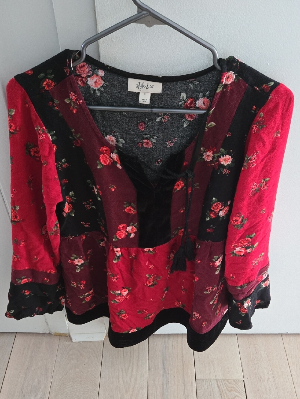 Style & Co. Red and Black Floral V-Neck Tassel Tunic, Roses Pattern